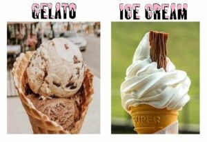 Gelato vs Ice Cream: Isnt it the same thing? Image 1 jpeg picture of gelato in cone and soft scoop ice cream in cone with flake frosted fusions