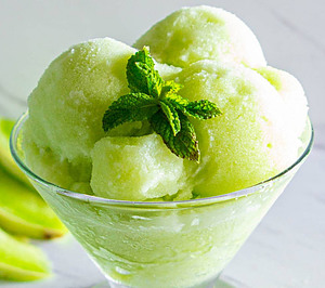 honeydew melon sorbet + mint sprig in glass dish frostedfusions