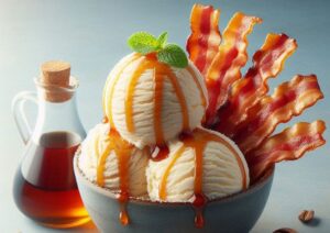 Bacon-Maple-Syrup-Homemade-Ice-Cream-updated-feb25-image-2-vanilla-ice-cream-with-caramel-seauce-drizzled-over-the-top-with-piece-of-bacon-and-maple-syrup-frosted-fusions