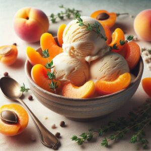 Homemade-Apricot-and-Thyme-Ice-Cream-Recipe-updated-feb25-image-1-bowl-of-apricot-ice-cream-with-fresh-apricots-and-thyme-Frosted-Fusions