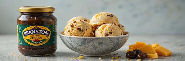 Homemade-Cheese-and-Pickle-Ice-Cream-A-Uniquely-Unconventional-Fusion-featured-image-637x1920w-bowl-of-cheese-and-pickle-ice-cream-with-jar-of-branston-pickle-and-sliced-cheese-frosted-fusions