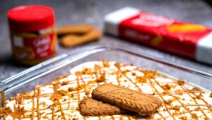 Churn Up the Fun Homemade Biscoff Ice Cream image 4 biscoff lotus biscuits and spread in background with biscuits topping homemade ice cream frosted fusions