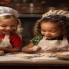 Kid Friendly Christmas Ice Cream Recipes featured image 200x600w three kids with aprons and chefs hats all smiling flour covered surface rolling pin with festive decor in the background frosted fusions