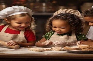 Kid Friendly Christmas Ice Cream Recipes featured image 200x600w three kids with aprons and chefs hats all smiling flour covered surface rolling pin with festive decor in the background frosted fusions