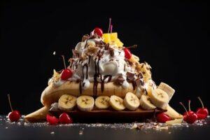 Kid-Friendly-Christmas-Ice-Cream-Recipes-image-14-banans-split-covered-in-chocolate-sauce-and-topped-with-cherries-frosted-fusions
