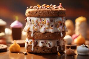 Kid-Friendly-Christmas-Ice-Cream-Recipes-image-15-ice-cream-sandwich-with-sprinkles-choc-chips-and-cream-drizzled-over-frosted-fusions