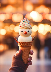 Kid-Friendly-Christmas-Ice-Cream-Recipes-image-9-ice-cream-cone-with-snowman-shaped-ice-cream-frosted-fusions