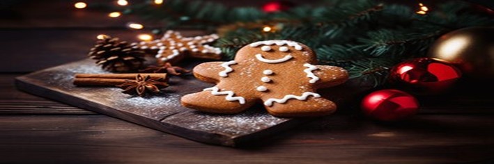 Spice up the Season Festive Homemade Gingerbread Ice Cream featured image 200x600w gingerbread man decorated with cinnamon rolls and festive decorations on wooden chopping board dark background frosted fusions