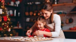 Spice-up-the-Season-Festive-Homemade-Gingerbread-Ice-Cream-image-9-parent-and-child-smiling-having-fun-making-gingerbread-with-festive-decorations-around-them-frosted-fusions