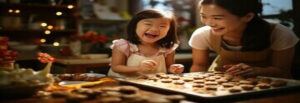 
kid-friendly-christmas-ice-cream-recipes-image-8-girl-and-mum-smiling-whilst-pre-aring-cookies-ingredients-around-them-with-festive-decor-in-the-background-frosted-fusions