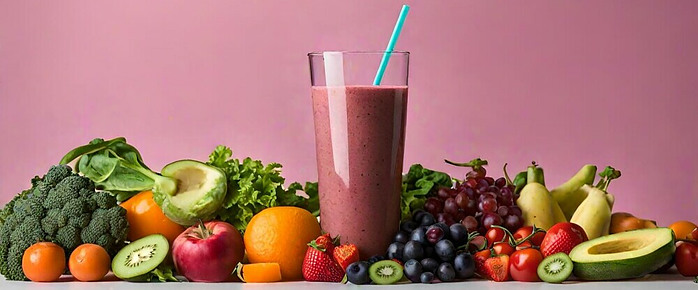 How To Make The Perfect Smoothie image 1 pile of fresh fruits an vegetables with a single glass of pink smoothie with pink background frosted fusions