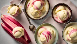 Homemade-Rhubarb-And-Custard-Ice-Cream-Recipe-image-12-bowls-of-rhubarb-and-custard-ice-cream-with-stalk-of-rhubarb-in-ice-cream-and-rhubarb-in-background-frosted-fusions