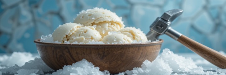 Rock-Solid-Solutions-Why-Is-My-Homemade-Ice-Cream-So-Hard-Update-Apr-25-featured-image-bowl-of-ice-cream-with-hammer-Frosted-fusions