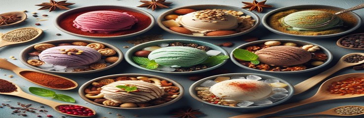Unique-Homemade-Ice-Cream-Recipes-featured-image-632x1950w-selection-of-ice-creams-with-a-variety-of-nuts-and-spices-scattered-around-fusions