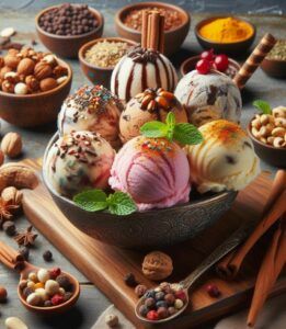 unique-homemade-ice-cream-recipes-featured-image-selection-of-ice-creams-with-a-variety-of-nuts-and-spices-scattered-around-fusions