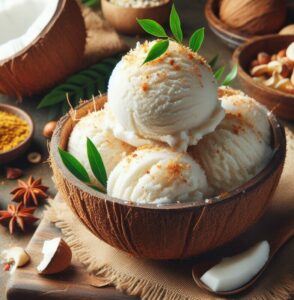 unique-homemade-ice-cream-recipes-image-2-bowl-of-coconut-curry-ice-cream-with-curry-leaves-fresh-coconut-nuts-and-spices-scattered-frosted-fusions