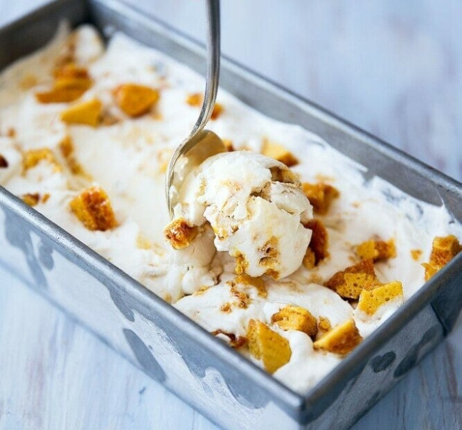 Homemade Honeycomb Ice Cream A Sweet Treat For All Ages image 4 tray of ice cream with chunks of honeycomb stirred into it frosted fusions