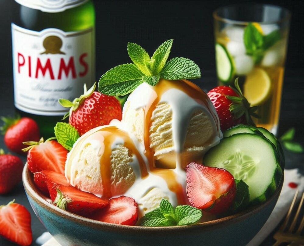 Anyone For Pimms Homemade Pimms And Lemonade Ice Cream image 7 bowl of ice cream garnished with cucumber mint and strawberries frosted fusions