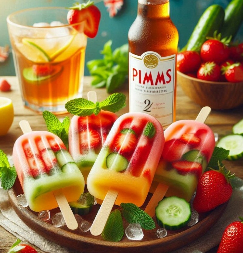 Anyone For Pimms Homemade Pimms And Lemonade Ice Cream image 8 pimms and lemonade ice lollies garnished with cucumber mint and strawberries frosted fusions