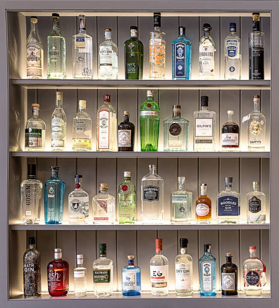 Homemade Gin And Tonic Ice Cream Recipe The Perfect Summer Treat image 2 several bottles of gin lined up on shelves frosted fusions