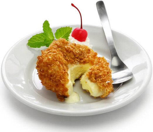 Hot Meets Cold Learn how to Make Deep Fried Ice Cream featured image deep fried ice cream cut open displaying the ice cream within on plate with spoon with glace cherry frosted fusions