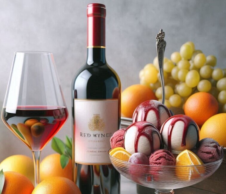 Homemade Sangria Ice Cream A Taste Of Spain image 5 red win bottle with glasses filled with red wine bowl ice cream and citrus fruits frosted fusions
