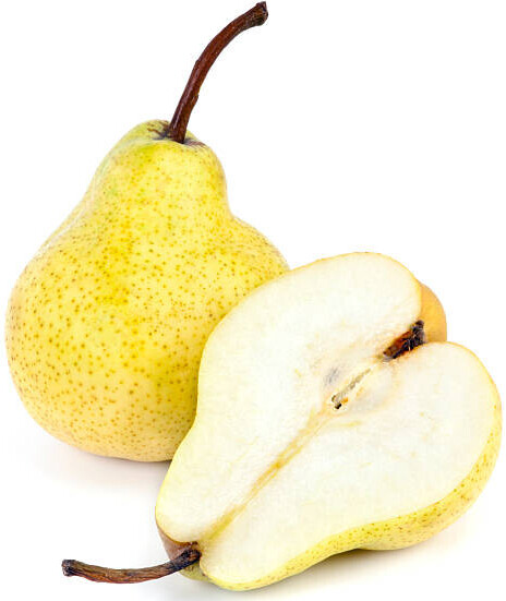 A Warming Homemade Caramelised Pear And Ginger Ice Cream image 1 fresh pears one sliced white background