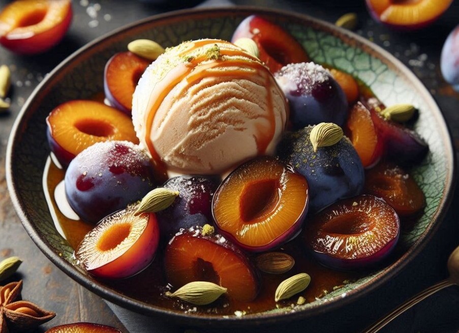 Homemade Caramelised Plum And Cardamom Ice Cream image 4 dish of caramelised plums and cardamom seeds with a scoop of ice cream frosted fusions