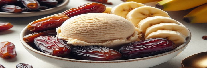 Homemade-Low-Fat-Date-And-Banana-Vegan-Ice-Cream-Recipe-featured-image-637x1920w-white-bowl-of-date-and-banana-ice-cream-with-fresh-dates-and-sliced-banana-Frosted-Fusions