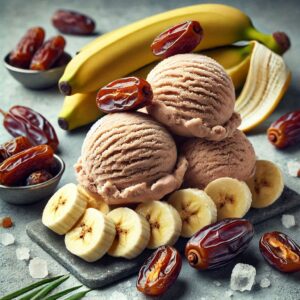 Homemade-Low-Fat-Date-And-Banana-Vegan-Ice-Cream-Recipe-image-3-plate-of-date-and-banana-ice-cream-with-fresh-dates-and-sliced-banana-Frosted-Fusions