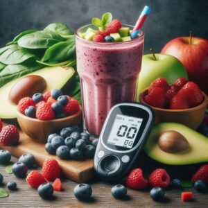 What-Are-The-Best-Smoothies-For-Diabetics-image-10-smoothie-surrounded-by-low-gi-fruits-and-blood-sugar-monitor-Frosted-fusions