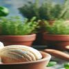 Homemade-Ice-Cream-Infused-With-Herbs-featured-image-637x1920w-bowl-of-ice-cream-garnished-with-mint-leaves-with-herbs-plants-in-background-Frosted-Fusions