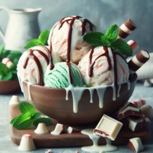Homemade-Ice-Cream-Infused-With-Herbs-image-6-bowl-of-mint-green-and-white-ice-cream-scoops-with-white-choc-chunks-and-fresh-mint-Frosted-Fusions