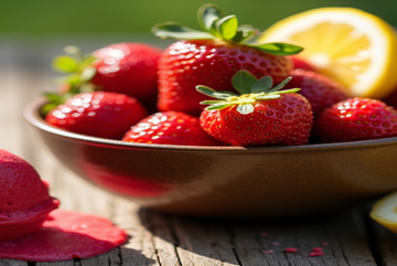 Homemade-Strawberry-Sorbet-Recipe-featured-image-637x1920w-scoop-of-strawberry-sorbet-with-fresh-strawberries-and-lemon-Frosted-Fusions