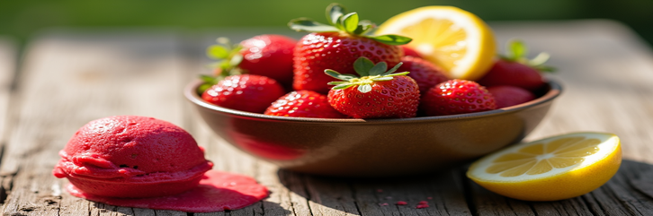 Homemade-Strawberry-Sorbet-Recipe-featured-image-637x1920w-scoop-of-strawberry-sorbet-with-fresh-strawberries-and-lemon-Frosted-Fusions