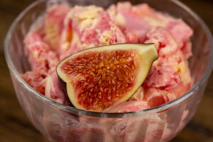 Love-At-First-Scoop-–-Valentines-Ice-Cream-Recipe-Ideas-image-4 honey and fig ice cream in glass dish close up-Frosted-Fusions