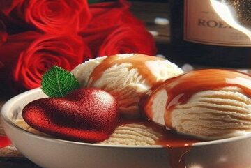 Love-At-First-Scoop-Valentines-Ice-Cream-Recipe-Ideas-featured image 637x1920w bowl of ice cream with hearts and red roses and petals scattered around and glass of champagne in background Frosted-Fusions