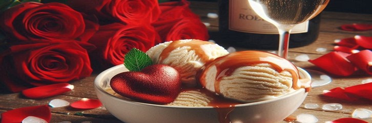 Love-At-First-Scoop-Valentines-Ice-Cream-Recipe-Ideas-featured image 637x1920w bowl of ice cream with hearts and red roses and petals scattered around and glass of champagne in background Frosted-Fusions