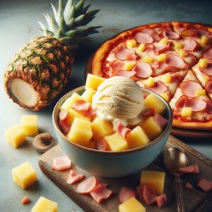 National-Pizza-Day-US-Hawaiian-Ham-And-Pineapple-Ice-Cream-image-3bowl-of-ice-cream-with-pineapple-and-ham-pieces-in-it-wth-hawaiian-pizza-in-the-background-with-fresh-pineapple-Frosted-Fusions