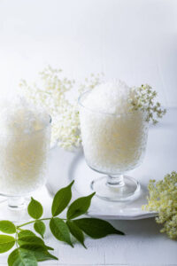 A-Fragrant-And-Refreshing-Elderflower-Gin-Sorbet-Recipe-image-5 glass of elderflower and gin sorbet fresh leaves Frosted-Fusions