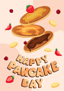 Holy-Crepe-Homemade-Pancake-Ice-Cream-image-1-cartoon-style-showing-a-pile-of-pancakes-with-fresh-strawberries-syrup-and-sign-saying-Happy-Pancake-Day-Frosted-Fusions
