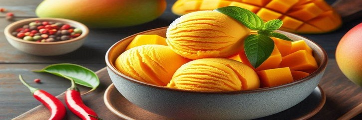 Homemade-Mango-Chilli-Sorbet-–-Naturally-Vegan-Dairy-Free-featured-image-637x1920w-bowl-of-mango-sorbet-with-fresh-mango-and-fresh-red-chillis-to-the-side-Frosted-Fusions