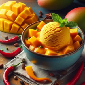 Homemade-Mango-Chilli-Sorbet-Naturally-Vegan-Dairy-Free-image 5 bowl of mango and chilli sorbet with fresh mango and chillis to the side Frosted-Fusions