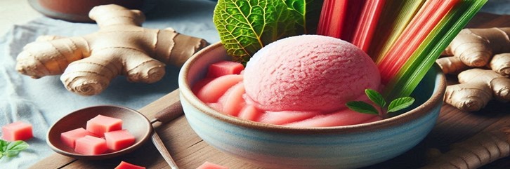 Rhubarb-Ginger-Sorbet-Recipe-–-Light-Spiced-Refreshing-featured image 280x1000w bowl of rhubarb sorbet with fresh root gimger amd rhubarb stalks Frosted-Fusions