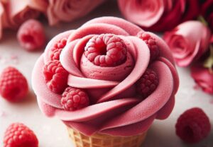 Spring-Inspired Ice Cream Recipes To Celebrate Mother’s Day image 6 raspberry amd rose ice cream shaped like a rose in a small waffle cone Frosted Fusions