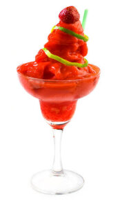 Strawberry Daiquiri Sorbet – A Boozy, Cocktail-Inspired Frozen Treat image 4 strawberry daiquiri sorbet in cocktail glass garnished with fresh strawberry and lime peel Frosted Fusions