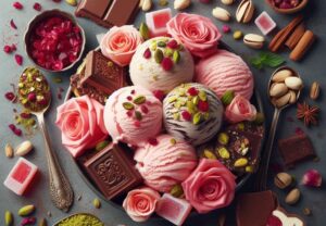 Turkish-Delight-Ice-Cream-–-A-Frozen-Twist-On-A-Classic-Treat-image-3-topview-of-turkish-delight-ice-cream-with-all-the-ingredients-scattered-around-Frosted-Fusions