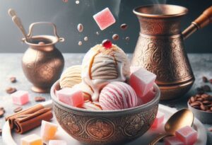 Turkish-Delight-Ice-Cream-–-A-Frozen-Twist-On-A-Classic-Treat-image-7 bowl of turkish delight ice cream with coffee urns in the naclground and pieces of turkish delight Frosted Fusions