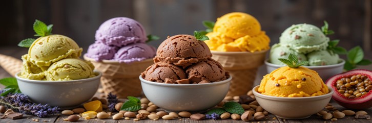Beyond Vanilla, 13 Unique Ice Cream Flavours To Try This Summer featured image 637x1920w selection of multi coloured ice cream flavours with ingredients Frosted Fusions