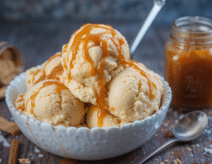 Beyond Vanilla, 13 Unique Ice Cream Flavours To Try This Summer image 5 bowl of salted caramel ice cream with jar of caramel sauce to the side Frosted Fusions